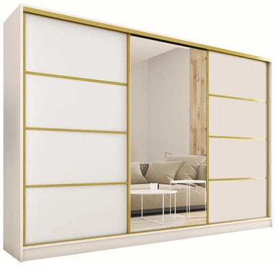 GOLD Gloss - 3 Sliding Doors Wardrobe With Mirror Drawers Shelves 2 Rail White 250 cm