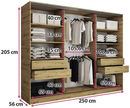 LOFT with Mirror - 3 Sliding Doors Wardrobe With Drawers Shelves 2 Rail Various Colour 250 cm