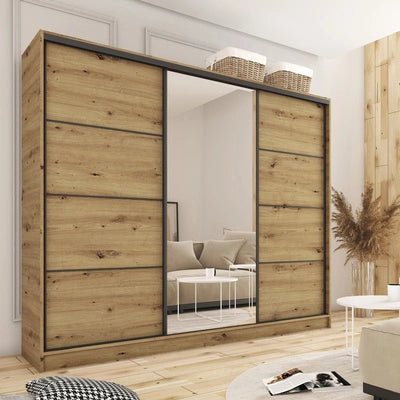 LOFT with Mirror - 3 Sliding Doors Wardrobe With Drawers Shelves 2 Rail Various Colour 250 cm