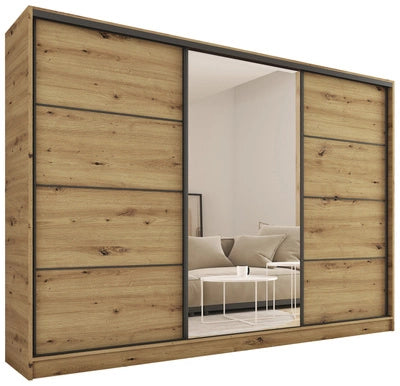 LOFT with Mirror - 3 Sliding Doors Wardrobe With Drawers Shelves 2 Rail Various Colour 250 cm