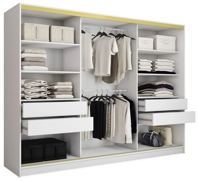 GOLD - 3 Sliding Doors Wardrobe With Drawers Shelves 2 Rail Mirror, White Colour 280 cm