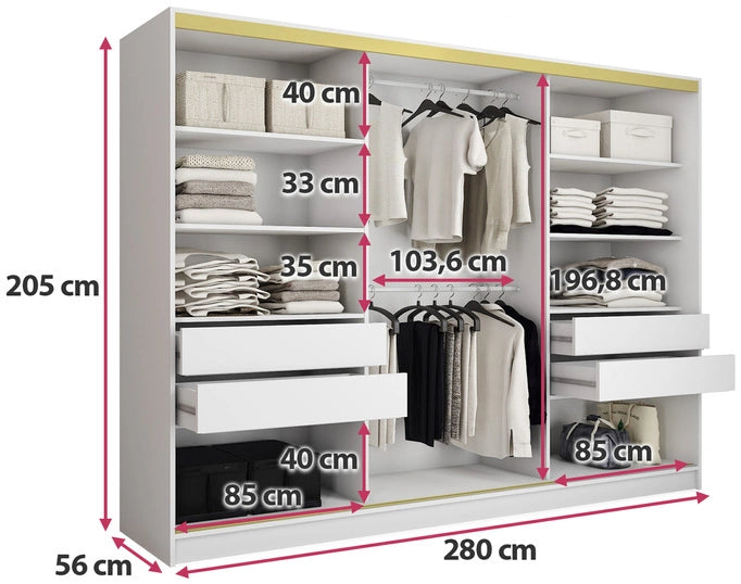 GOLD - 3 Sliding Doors Wardrobe With Drawers Shelves 2 Rail Mirror, White Colour 280 cm