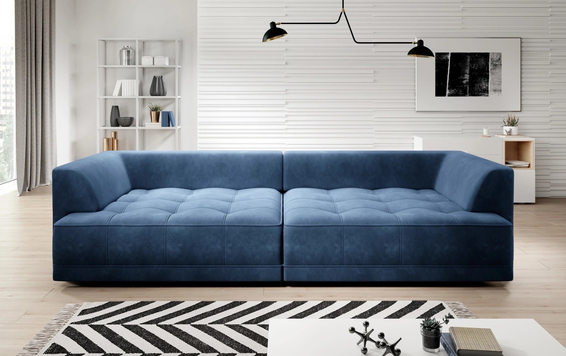 TIGA BIG SOFA Blue Velvet Fabric Sofa Cushions Settee 302 x 136 cm