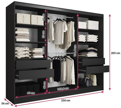 LOFT No Mirror - 3 Sliding Doors Wardrobe With Drawers Shelves 2 Rail  Various Colour 250 cm