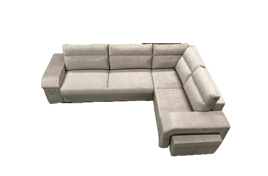 ALEAH - Functional and modern corner sofa bed with FOOTSTOOL, drawer and pull out bed, Beige Velvet > FAST DELIVERY<