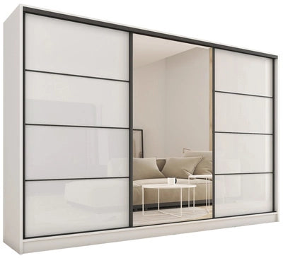 GOLD  Gloss with Mirror - 3 Sliding Doors Wardrobe With Drawers Shelves 2 Rail White 280 cm