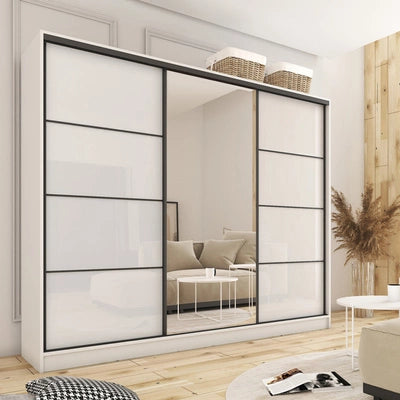 GOLD  Gloss with Mirror - 3 Sliding Doors Wardrobe With Drawers Shelves 2 Rail White 280 cm