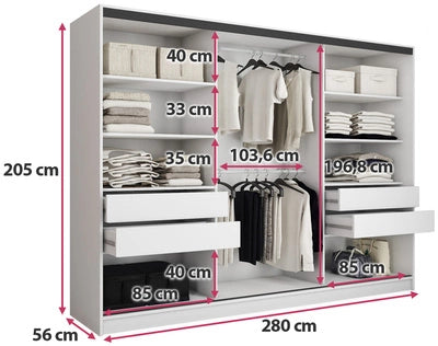 GOLD  Gloss with Mirror - 3 Sliding Doors Wardrobe With Drawers Shelves 2 Rail White 280 cm