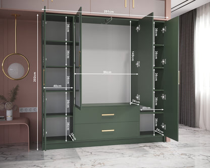 BERLINO 4  - Wardrobes With Drawers Shelves Rail Hinged Doors Mirror Green width 201 cm FAST DELIVERY