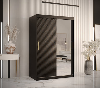 JAFITA - Slim Wardrobe  2 Sliding Doors Black with Mirror Shelves, Rails, Fast Delivery> 120cm <