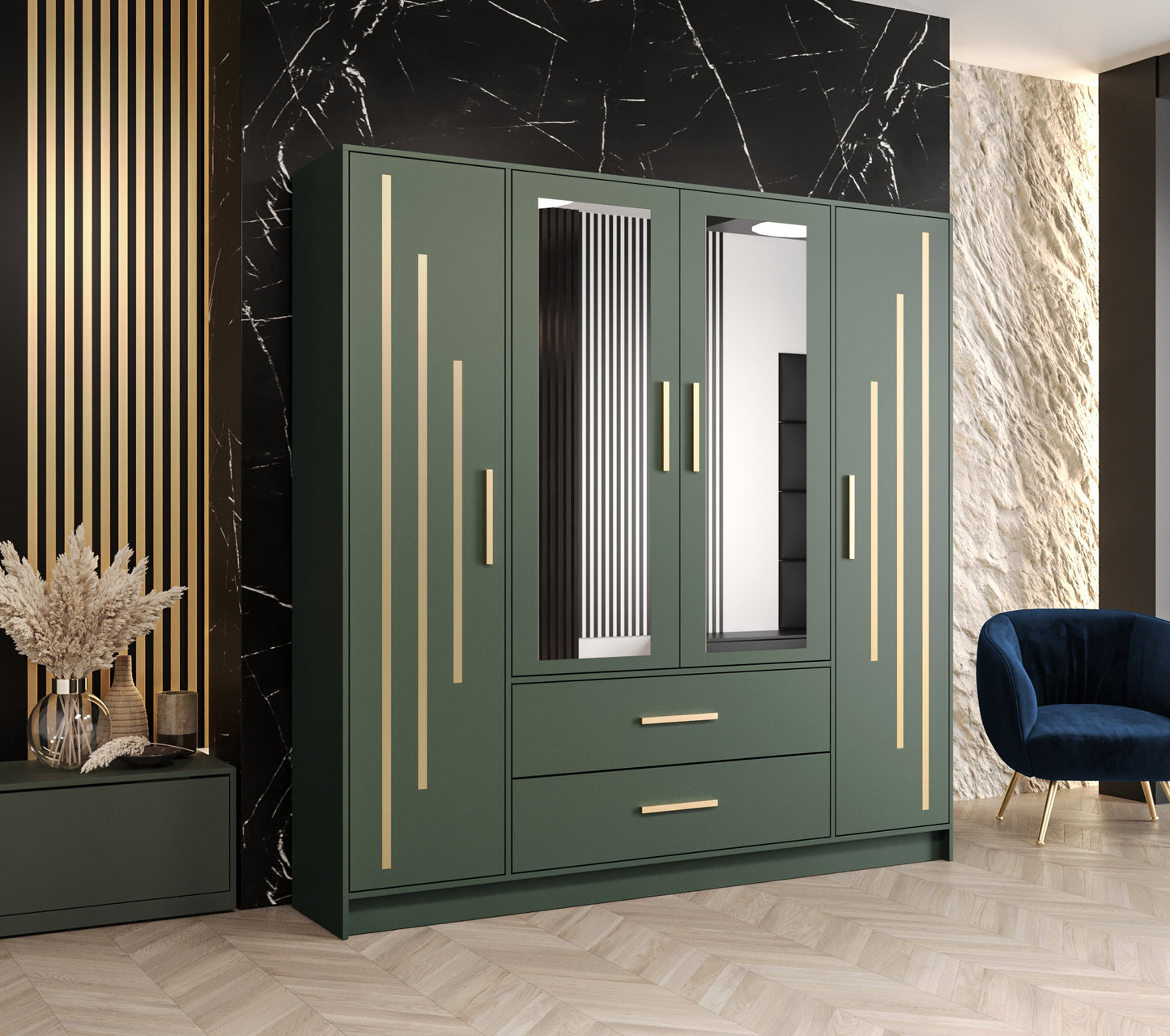 BERLINO 4  - Wardrobes With Drawers Shelves Rail Hinged Doors Mirror Green width 201 cm FAST DELIVERY