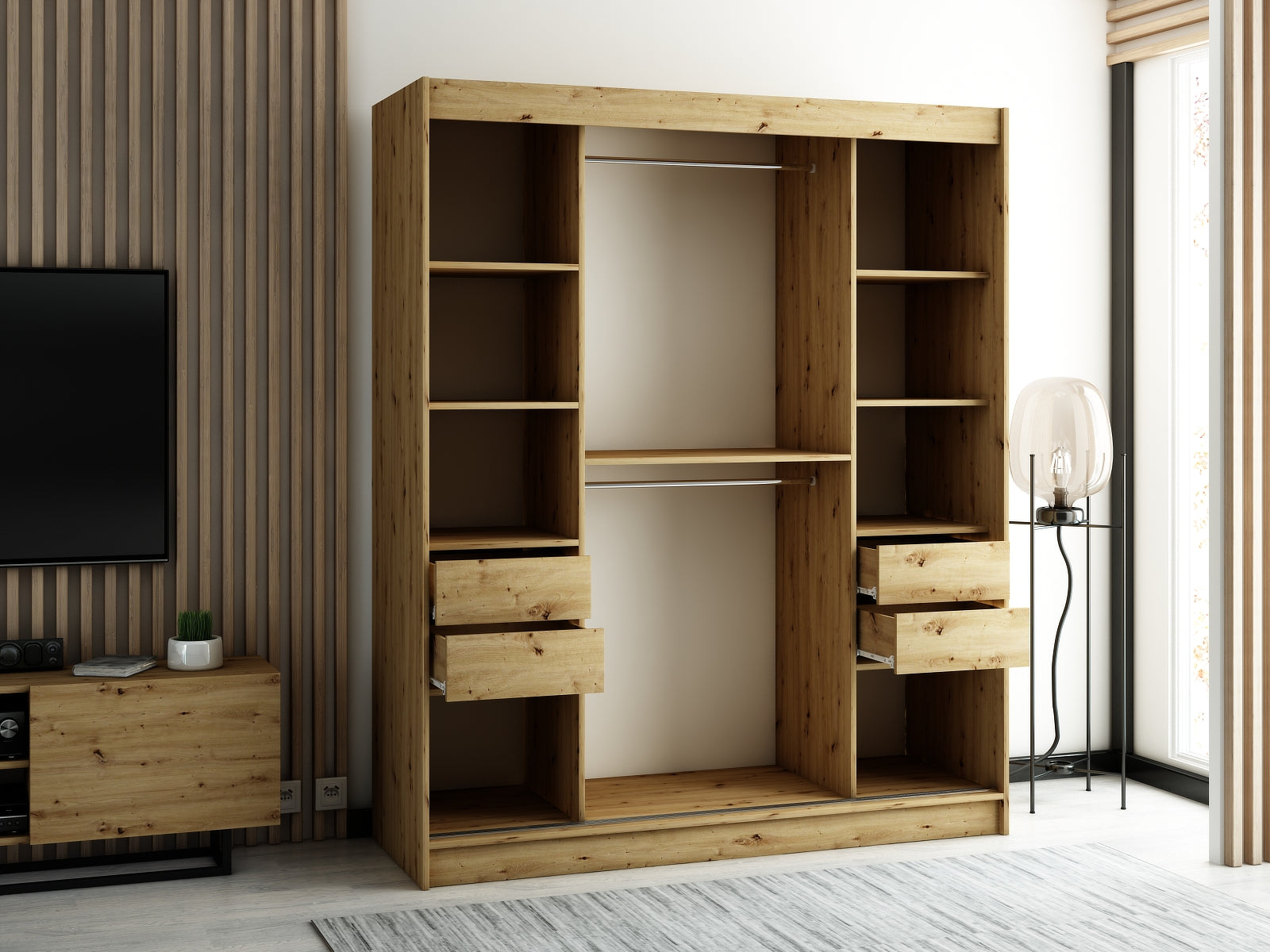 LAMELA - Rustic Wardrobe Sliding Doors Drawers Optional High